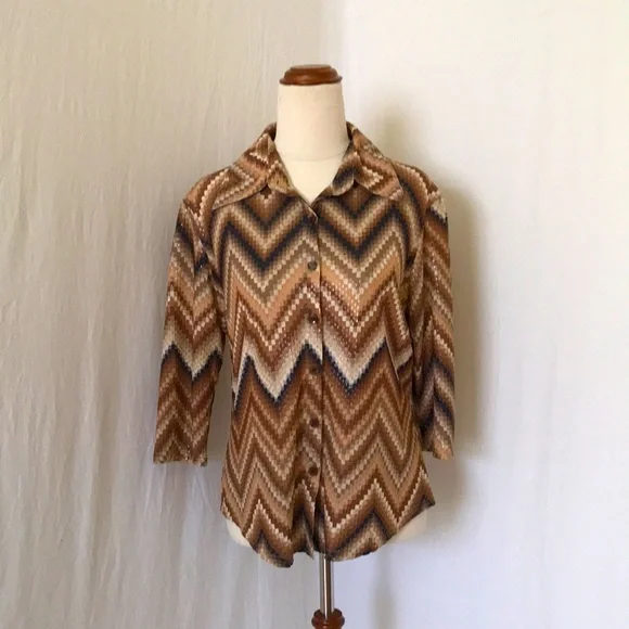 XOXOXO womens L / 12 half sleeve tan brown black button up shirt retro 70s - Picture 1 of 15